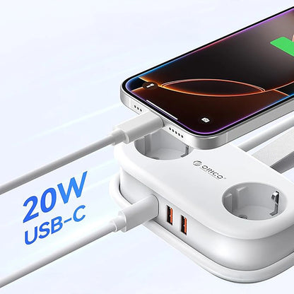 Prelungitor Orico APP, 2 x Schuko - 2 x USB-A - 1 x USB-C, Alb