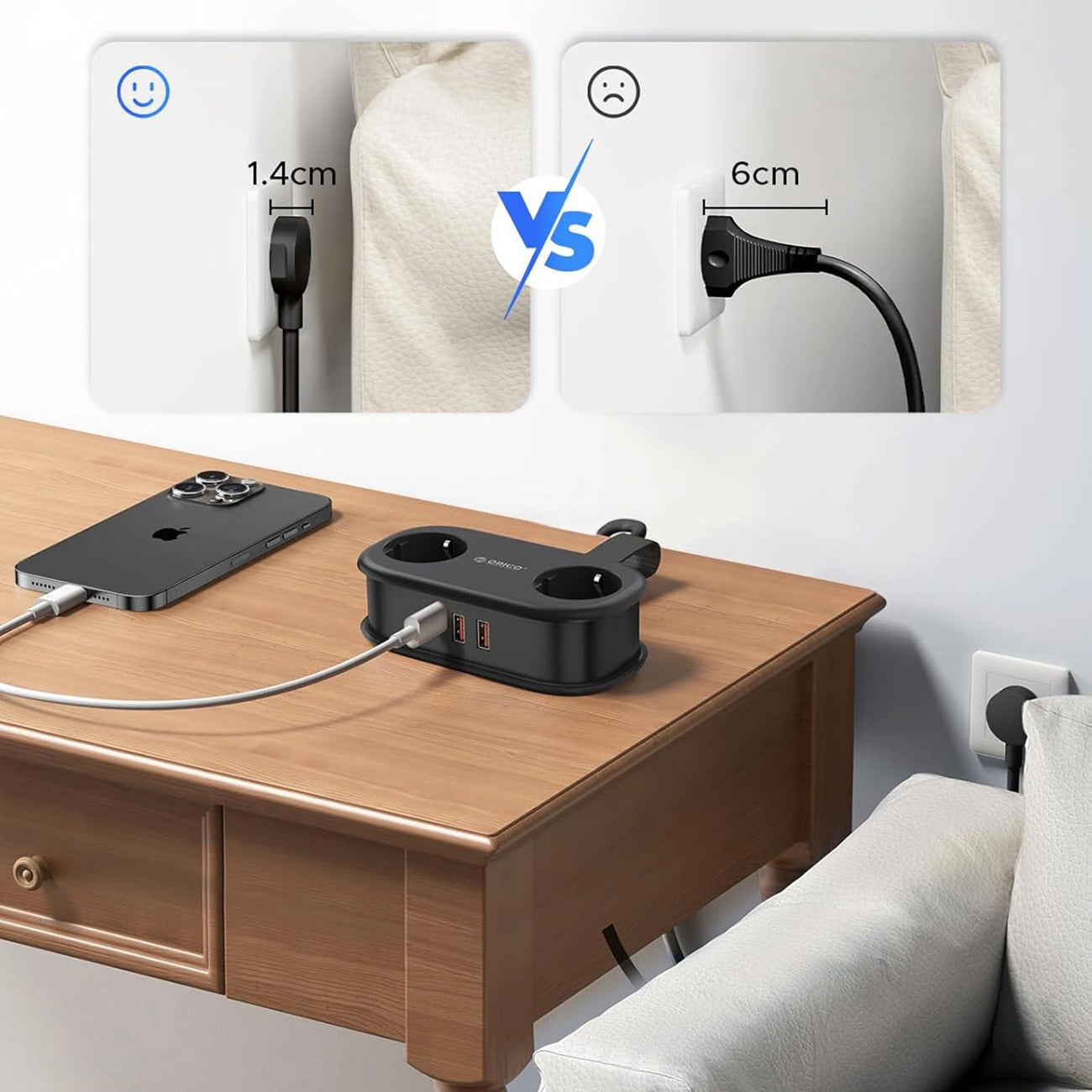 Prelungitor Orico APP, 2 x Schuko - 2 x USB-A - 1 x USB-C, Negru