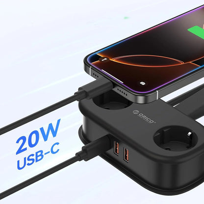 Prelungitor Orico APP, 2 x Schuko - 2 x USB-A - 1 x USB-C, Negru