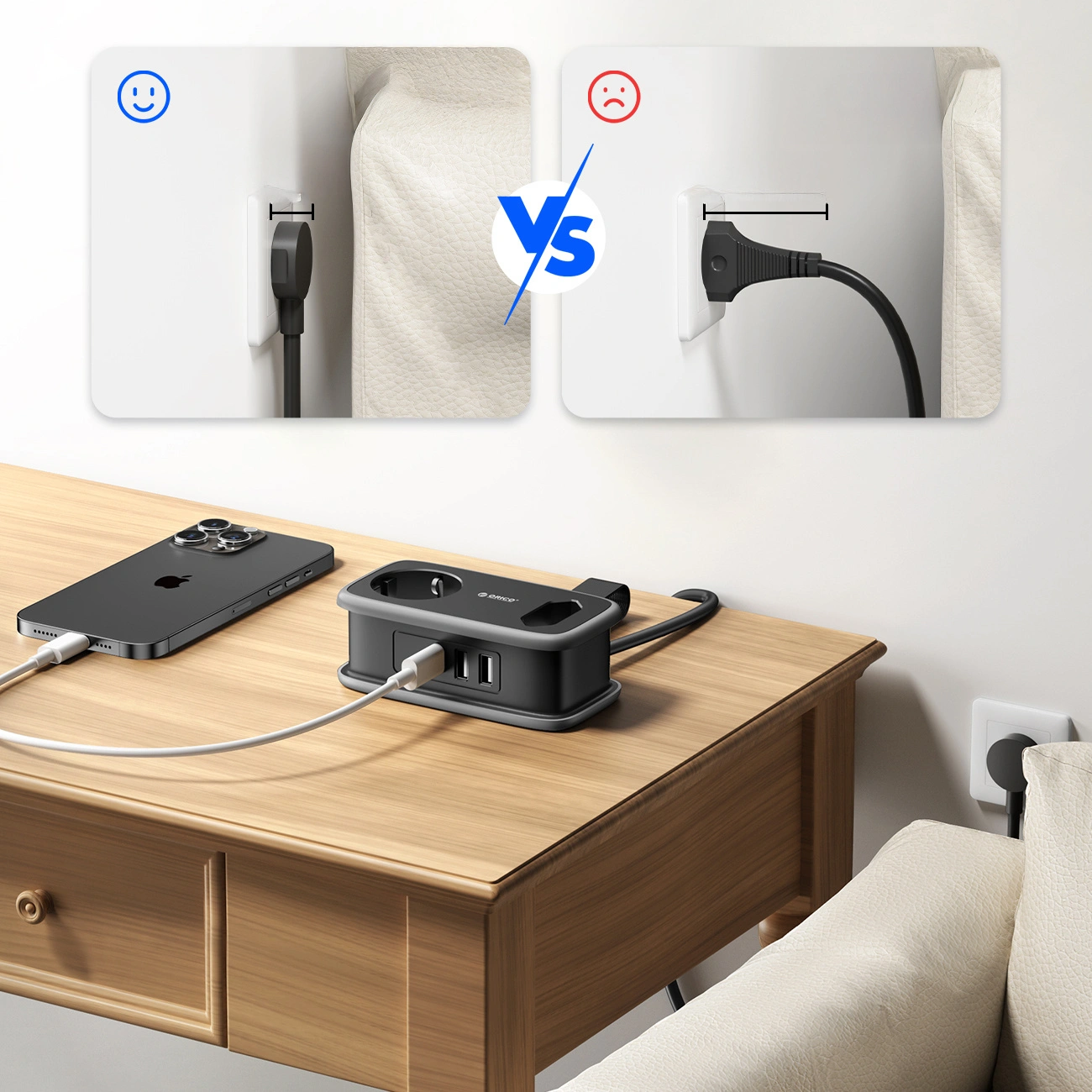 Prelungitor Orico APP, 1 x Schuko - 1 x Priza - 2 x USB-A - 1 x USB-C, Negru Gri
