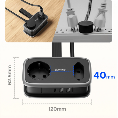 Prelungitor Orico APP, 1 x Schuko - 1 x Priza - 2 x USB-A - 1 x USB-C, Negru Gri
