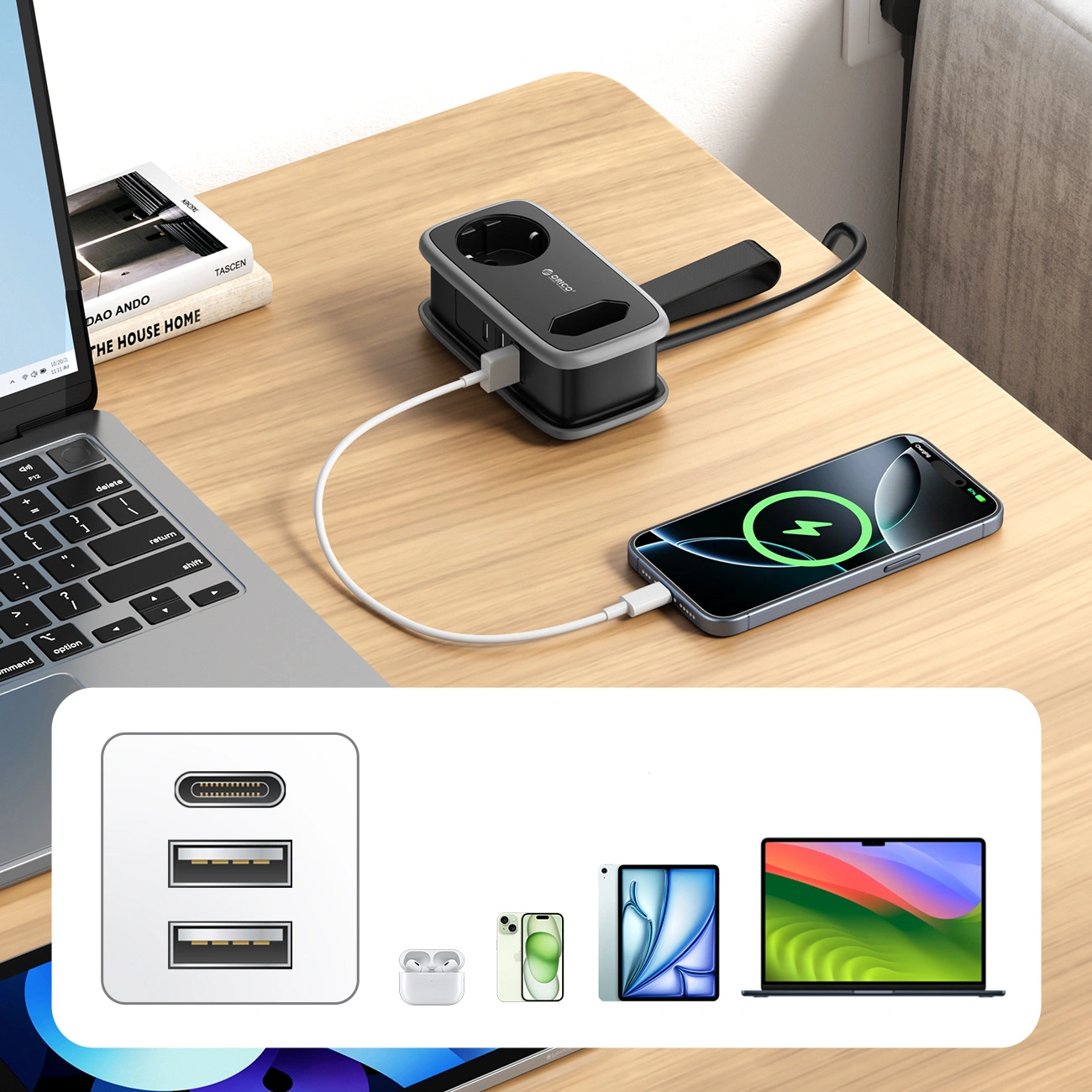 Prelungitor Orico APP, 1 x Schuko - 1 x Priza - 2 x USB-A - 1 x USB-C, Negru Gri