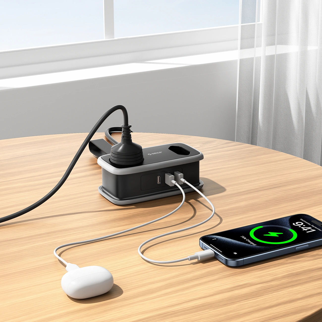 Prelungitor Orico APP, 1 x Schuko - 1 x Priza - 2 x USB-A - 1 x USB-C, Negru Gri