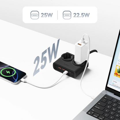Prelungitor Orico PDC25, 2 x Schuko - 2 x USB-A - 2 x USB-C, Negru