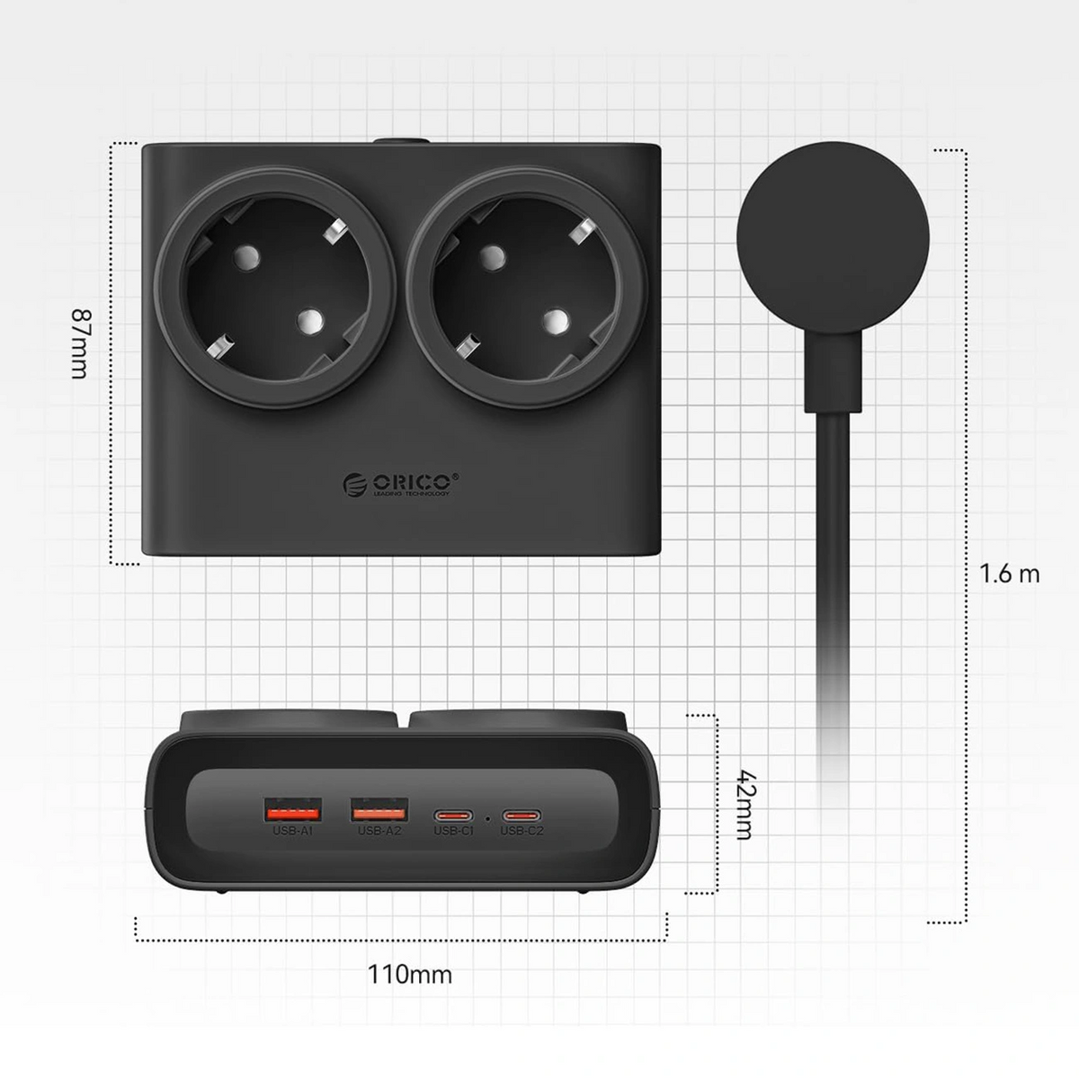 Prelungitor Orico PDC25, 2 x Schuko - 2 x USB-A - 2 x USB-C, Negru