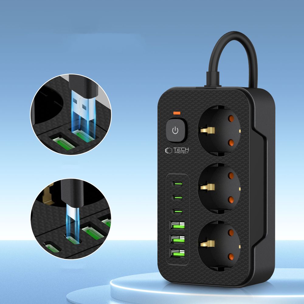 Prelungitor Tech-Protect PC3X6, 3 x Schuko, Negru