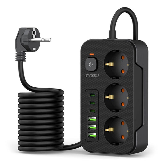 Prelungitor Tech-Protect PC3X6, 3 x Schuko, Negru