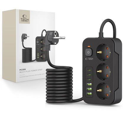 Prelungitor Tech-Protect PC3X6, 3 x Schuko, Negru
