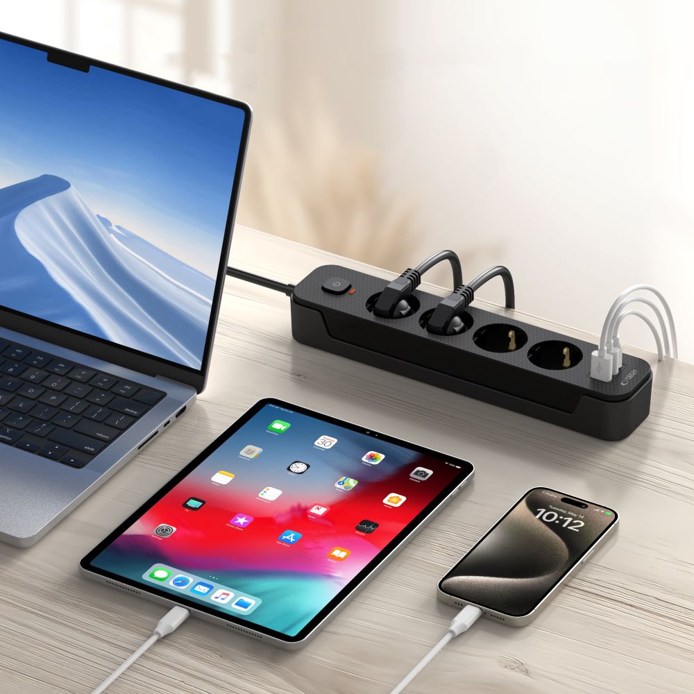 Prelungitor Tech-Protect PCL4X3, 1 x USB-C - 2 x USB-A - 4 x Schuko, Negru
