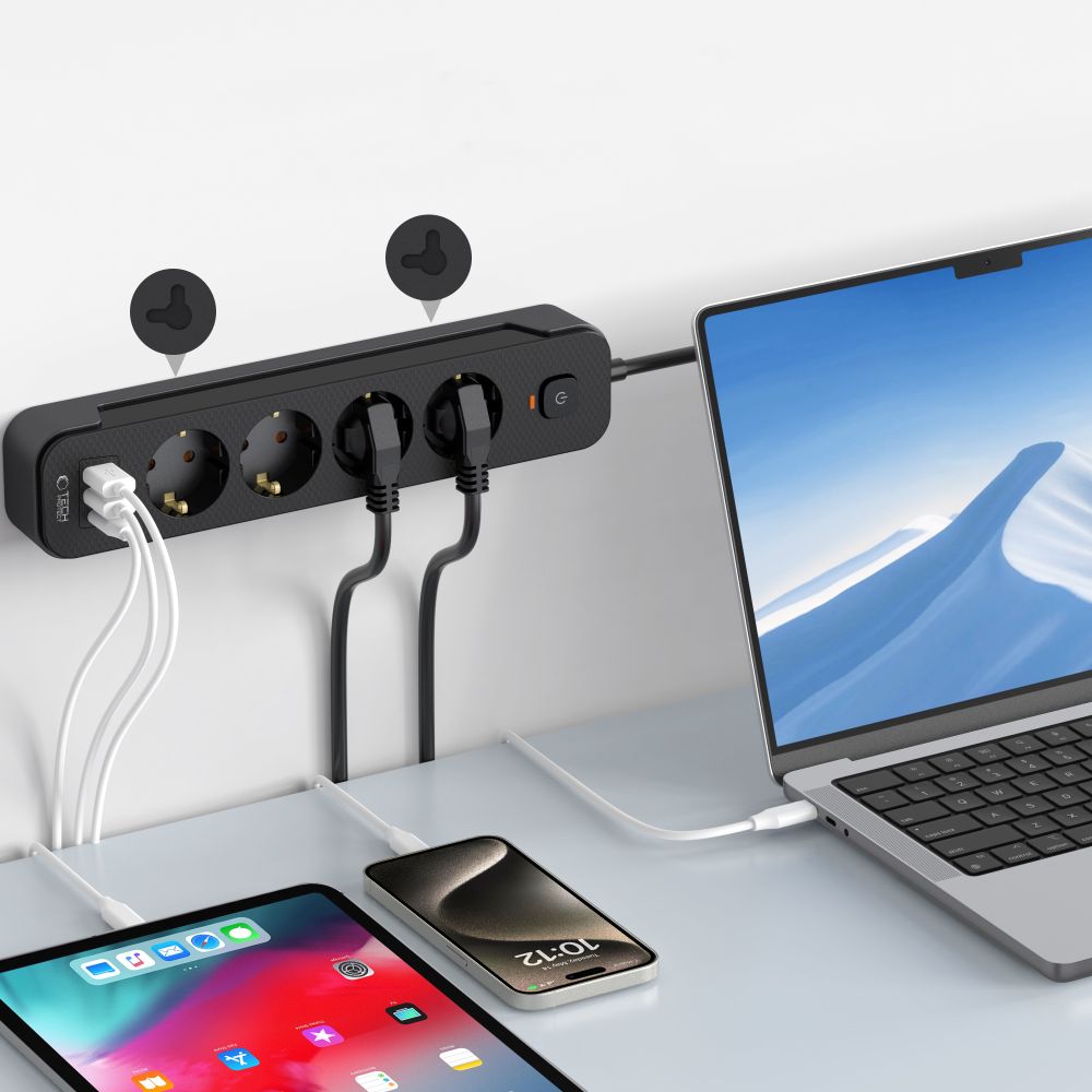 Prelungitor Tech-Protect PCL4X3, 1 x USB-C - 2 x USB-A - 4 x Schuko, Negru
