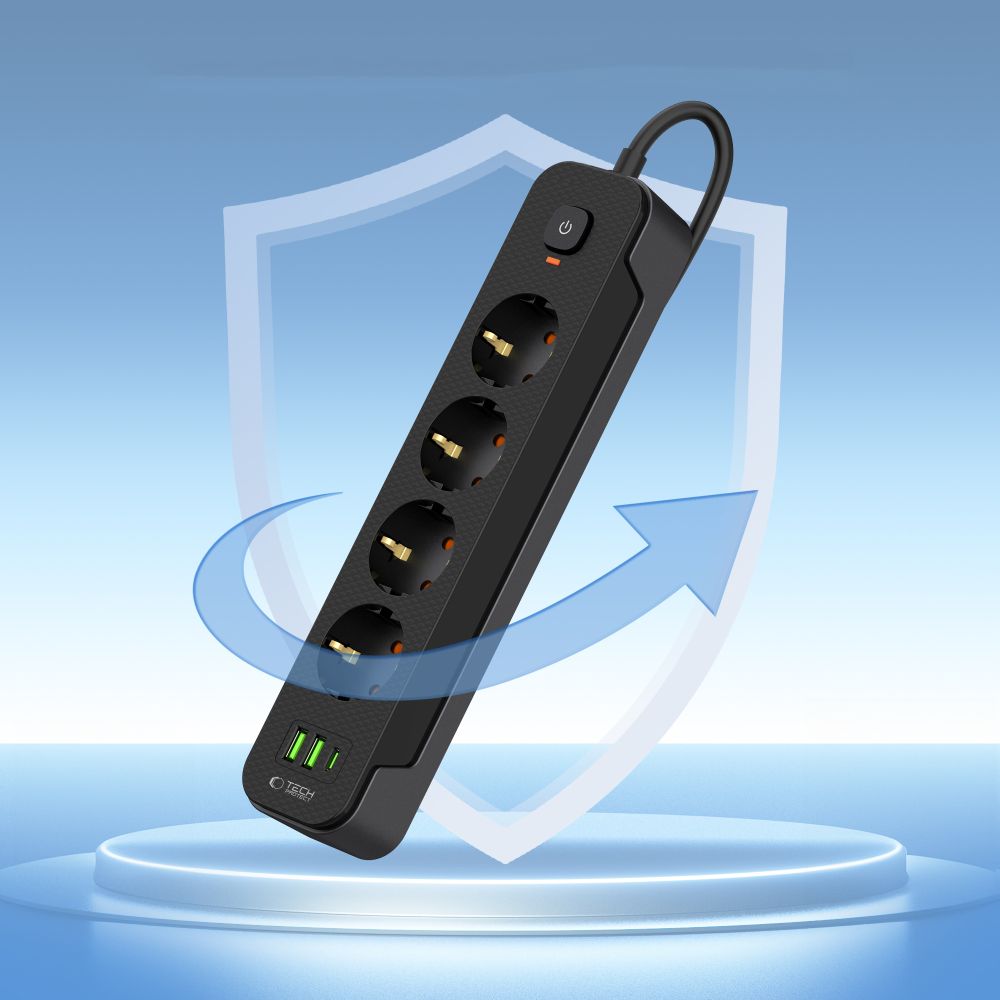 Prelungitor Tech-Protect PCL4X3, 1 x USB-C - 2 x USB-A - 4 x Schuko, Negru