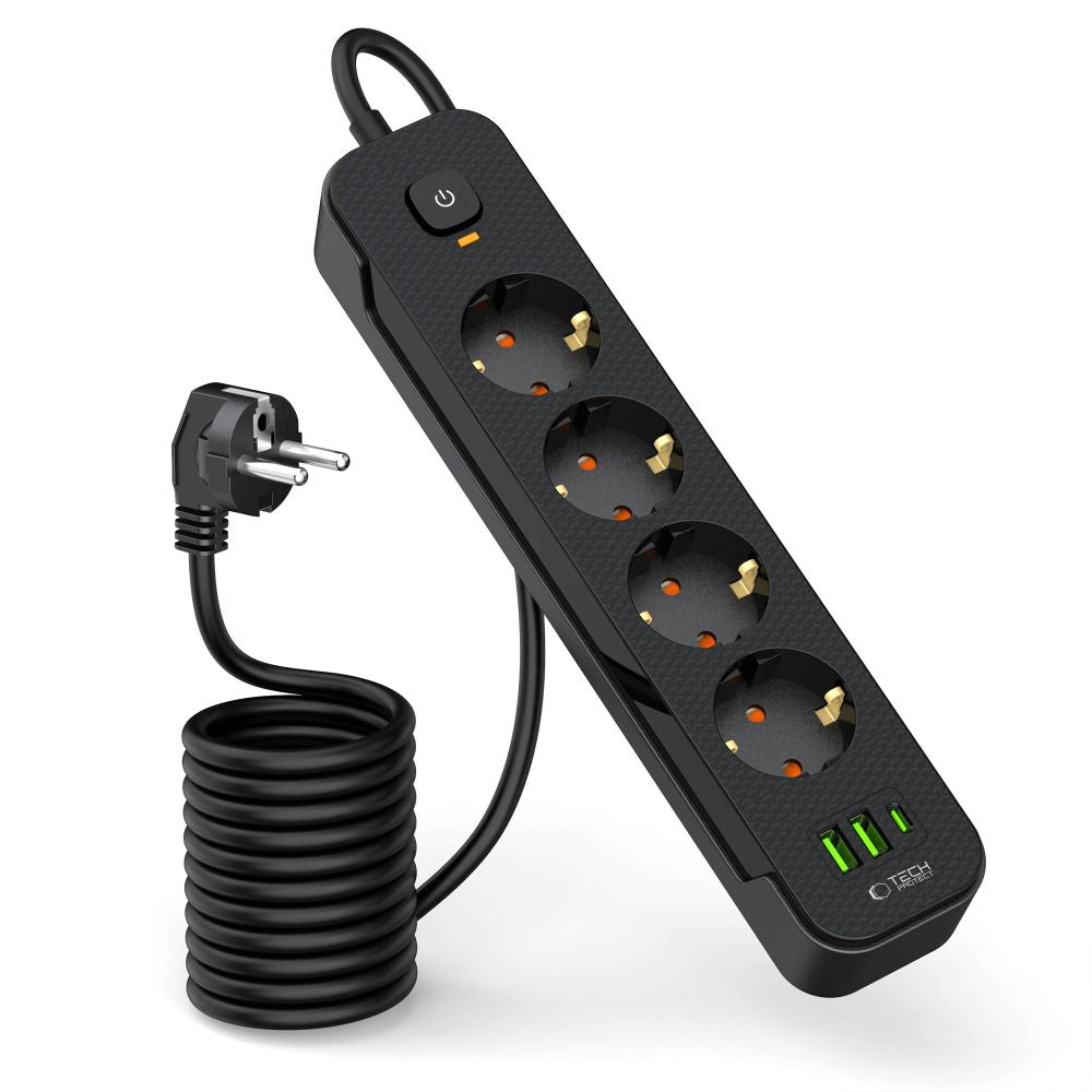 Prelungitor Tech-Protect PCL4X3, 1 x USB-C - 2 x USB-A - 4 x Schuko, Negru