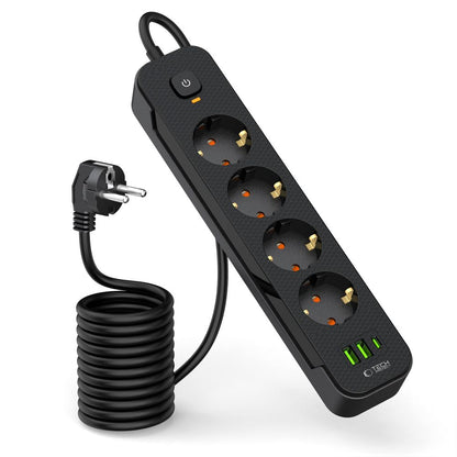 Prelungitor Tech-Protect PCL4X3, 1 x USB-C - 2 x USB-A - 4 x Schuko, Negru