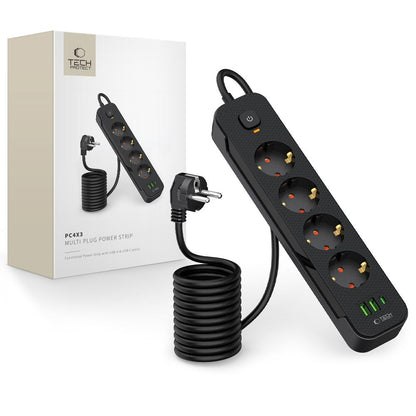 Prelungitor Tech-Protect PCL4X3, 1 x USB-C - 2 x USB-A - 4 x Schuko, Negru