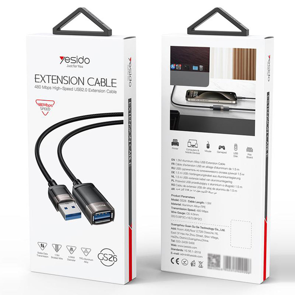 Prelungitor USB Yesido GS26, 1.5m, Gri