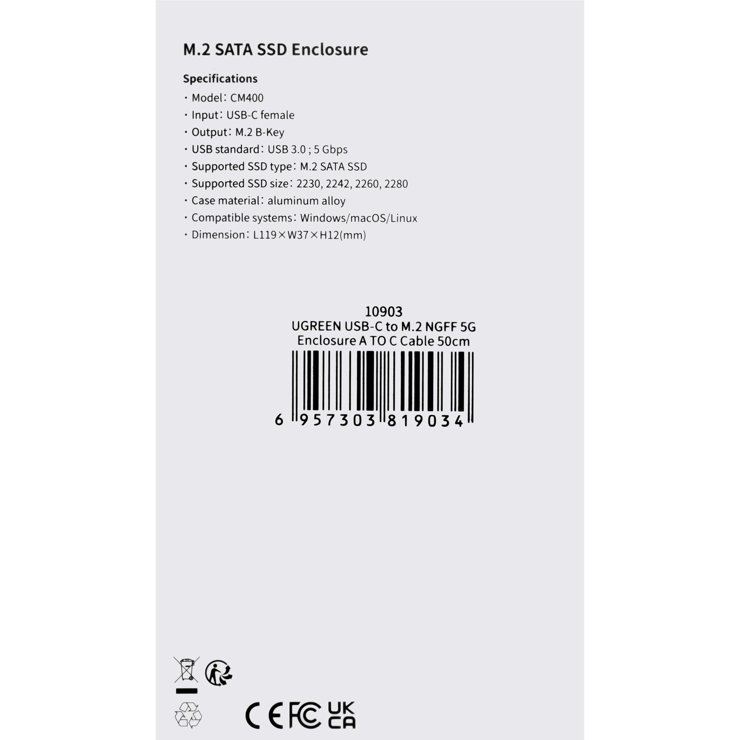 Rack UGREEN CM400 pentru SSD M.2 NGFF 2230 / 2242 / 2260 / 2280 SATA, Gri