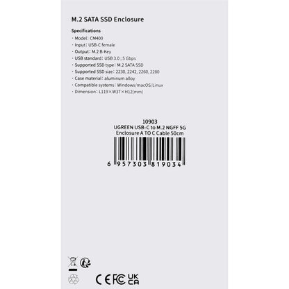 Rack UGREEN CM400 pentru SSD M.2 NGFF 2230 / 2242 / 2260 / 2280 SATA, Gri