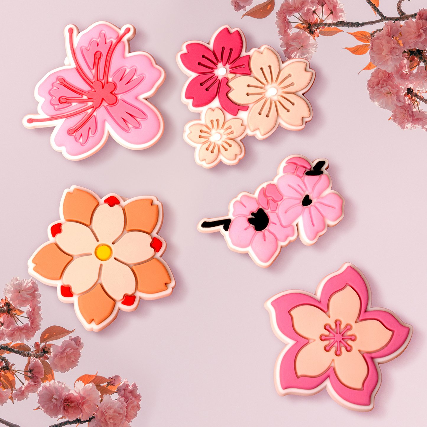 Sticker 3D OEM Pink Blossom pentru Husa Telefon / Tableta, Set 5 bucati, Multicolor