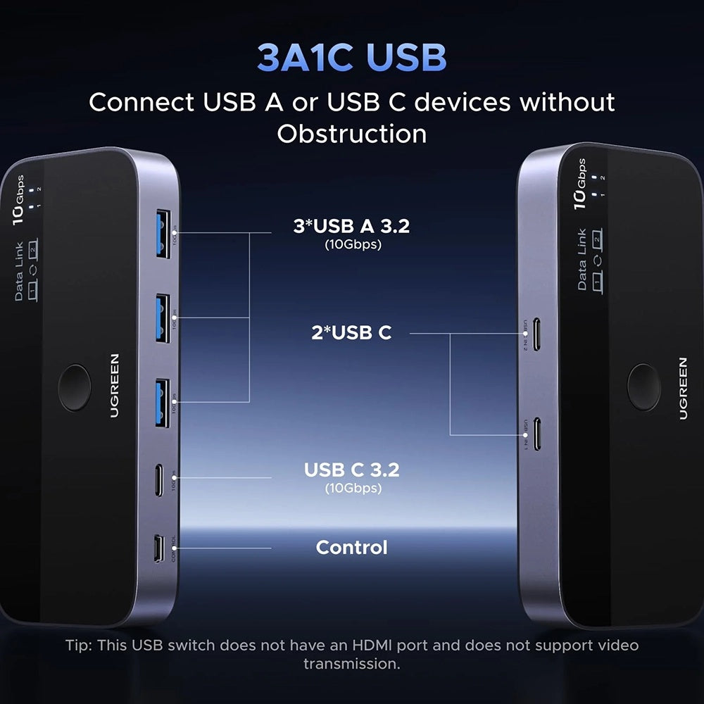 Switch USB UGREEN CM691 (45784), 3 x USB-A 3.2 - 1 x USB-C - 1 x miniUSB, Negru