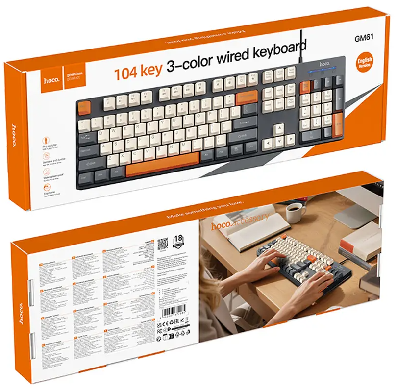 Tastatura Wired USB HOCO GM61 Tri-Color, 1.45m, Gri