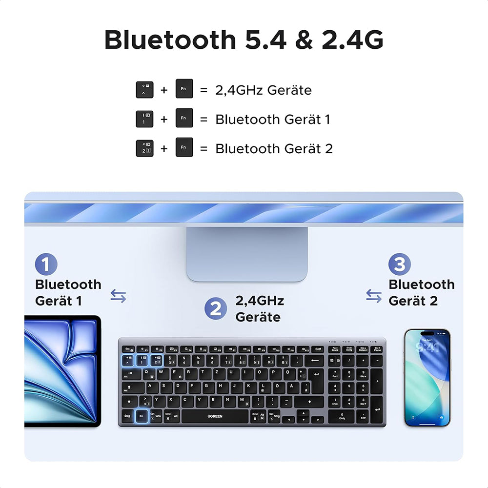 Tastatura Wireless UGREEN K552 (75163), BT / Wi-Fi, Neagra