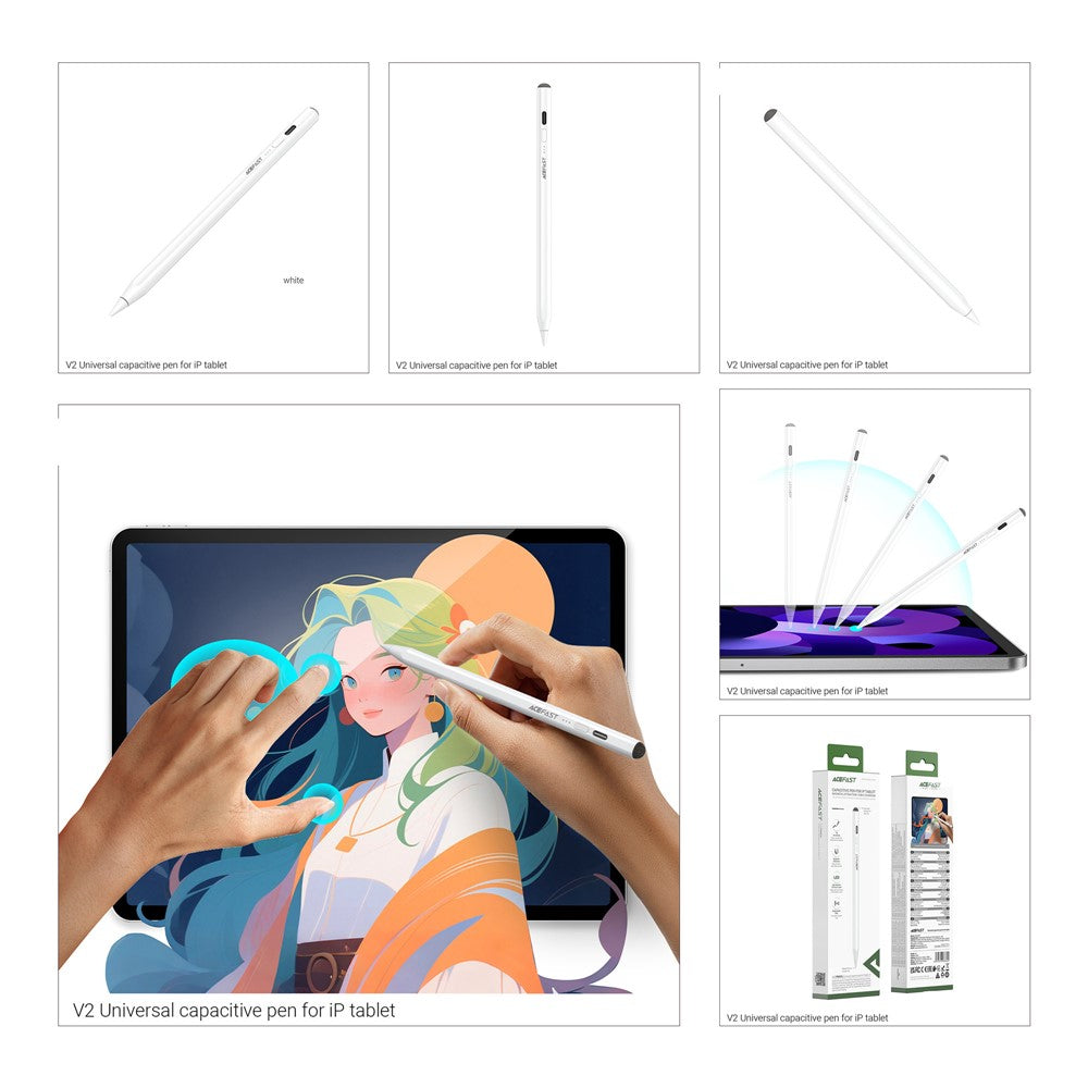 Touch Pen Acefast V2 pentru Apple iPad, Versiune Activ, Alb
